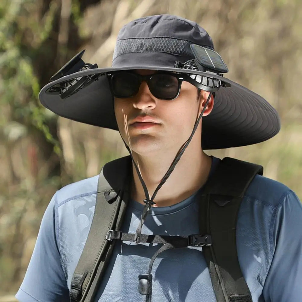 Sonnenhut mit Solarpanel und Ventilator, breite Krempe, UPF 50 UV-Schutz zum Wandern, Angeln, für den Garten und Camping im Freien | Sansoti