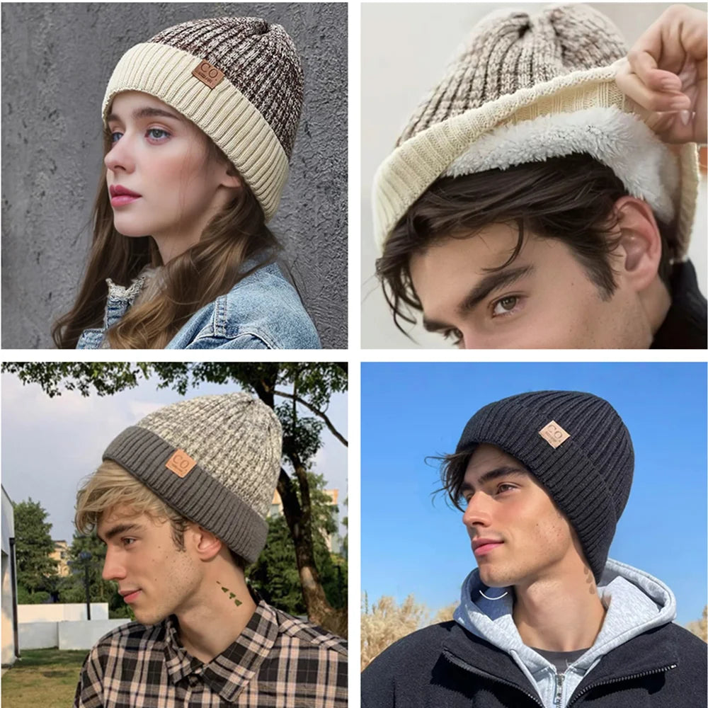 Wintermuts Unisex Bontvoering Gebreid Tweekleurig Design Beanie Heren Dames Warme Muts Casual Mode Streetwear | Sansoti