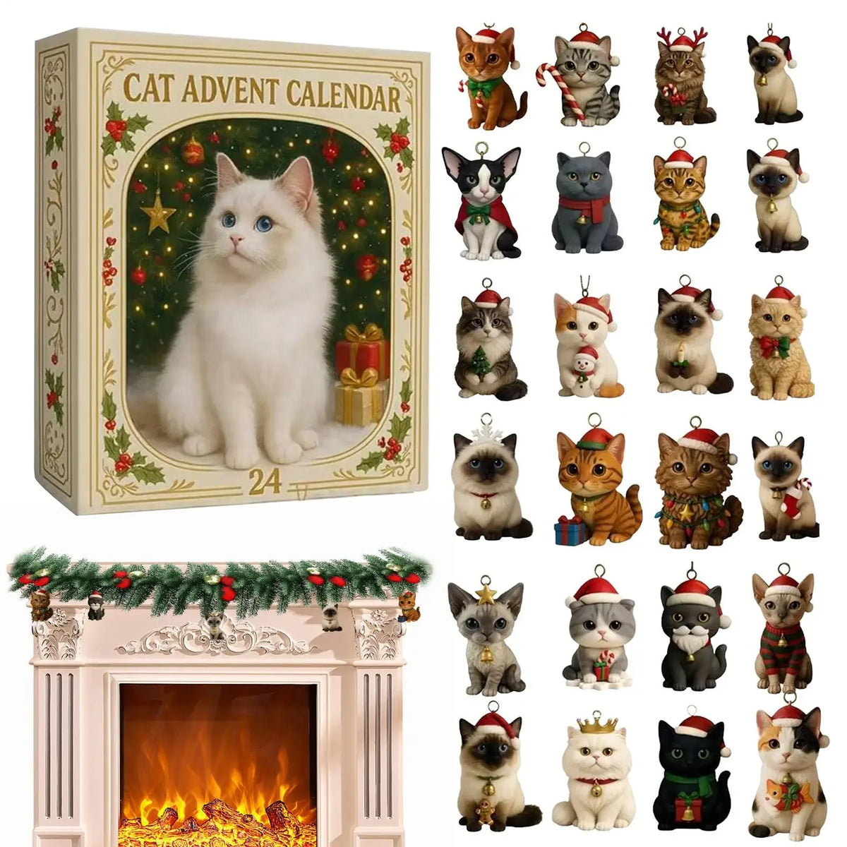 Christmas Advent Calendar with 24 Kitten Ornaments, Acrylic Christmas Tree Decorations, Hanging Decoration | Sansoti