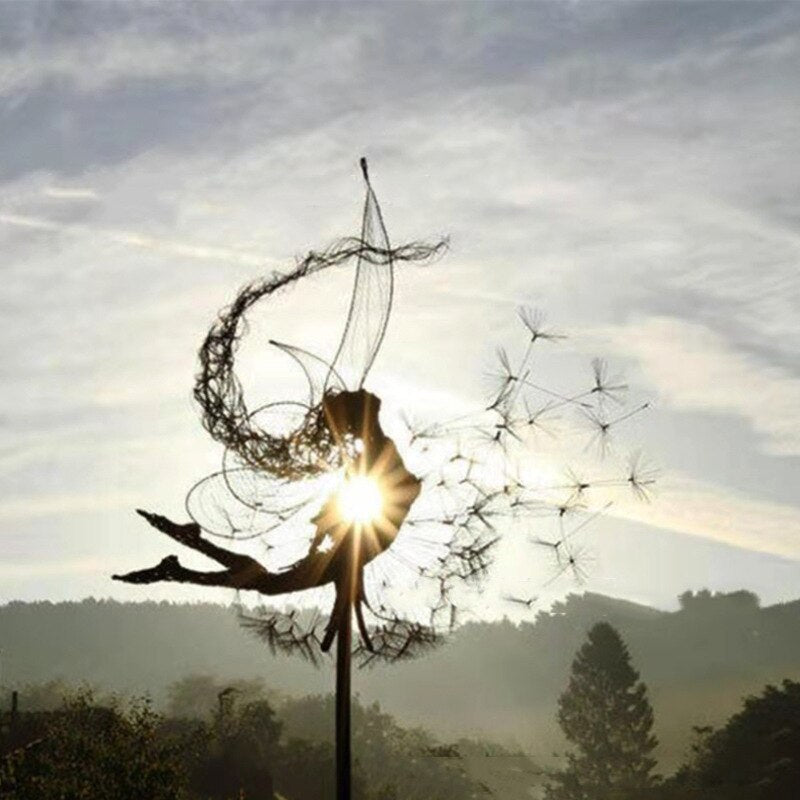 Metalen Tuinornament Fee met Paardenbloem 75cm Zwart Silhouet Gazon Decoratie Tuinsteker Miniatuur Tuin | Sansoti