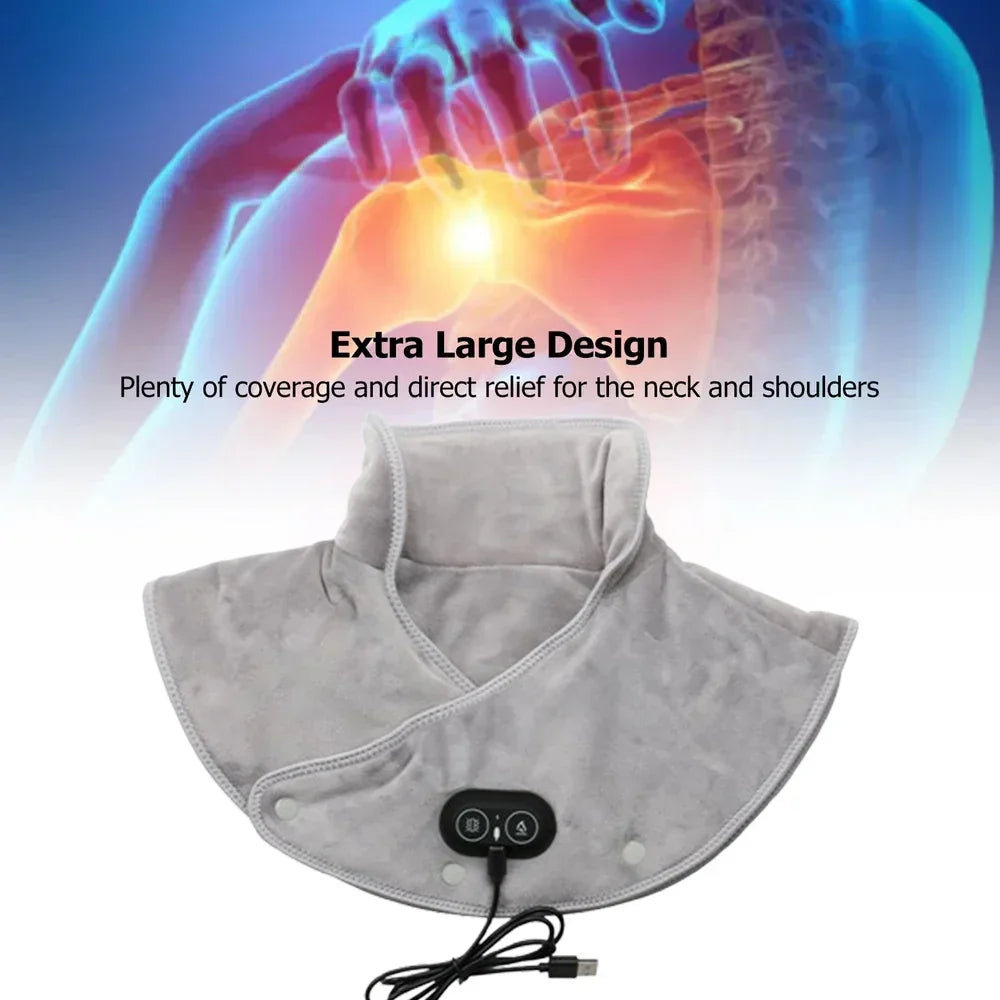Verwarmde Nek- en Schoudermassager met Vibratie USB Warmtekussen Draagbaar Ergonomisch Plüche 3 Temperatuurstanden Timer Grijs voor Thuis Kantoor | Sansoti