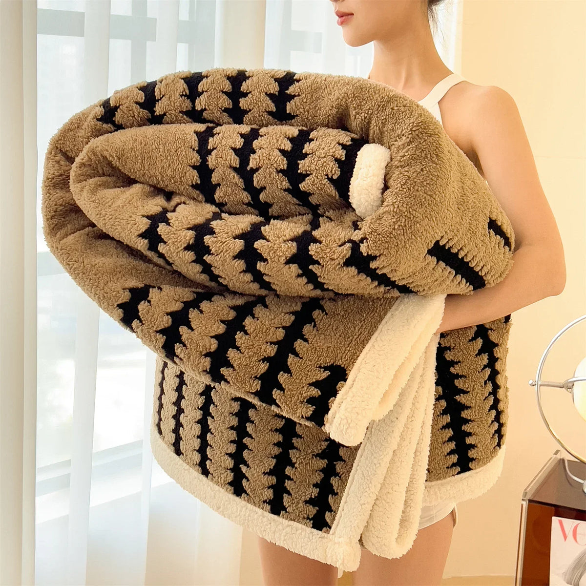 Dubbelzijdige Winterdeken Fleece Imitatiebont Geometrisch Patroon Warmtedeken Bed Bank Plaid Woonkamer | Sansoti