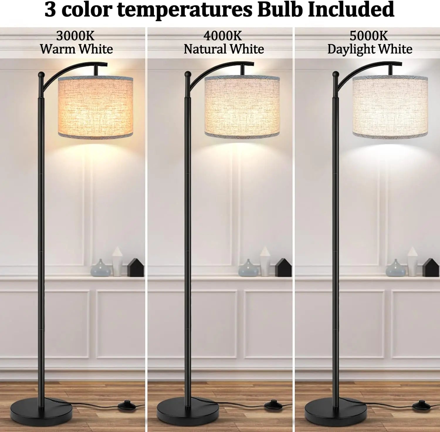 Boog Vloerlamp Met Stoffen Kap 3 Lichtkleuren LED Modern Woonkamer | Sansoti