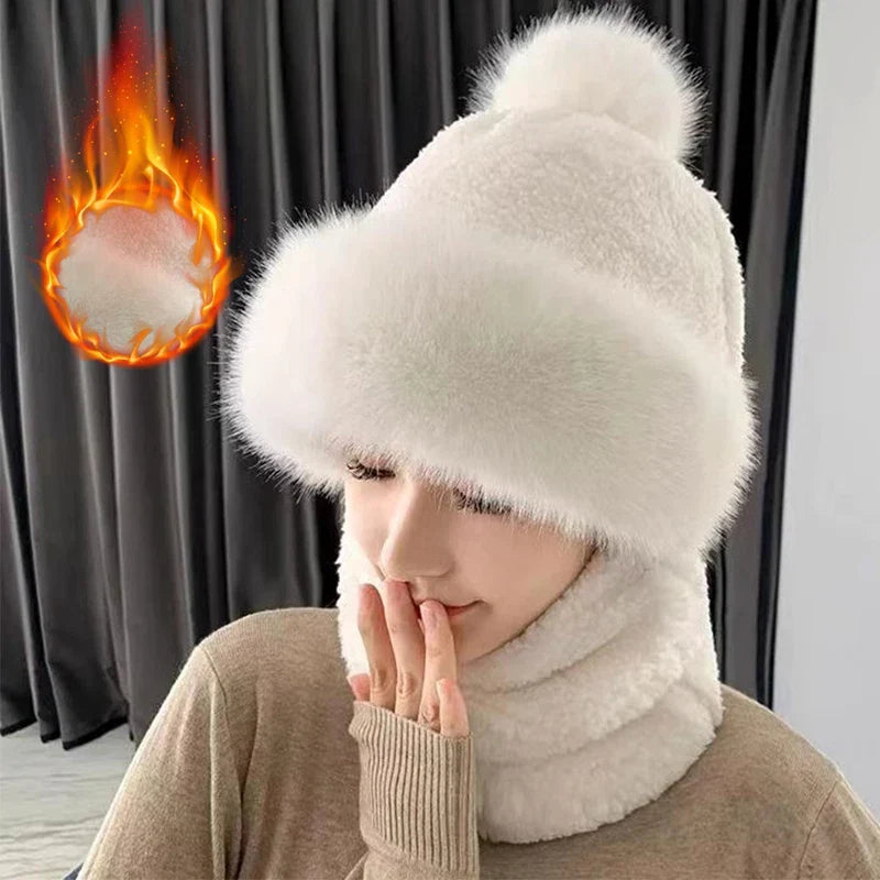 Plüsch Multifunktionale Mützen-Schal-Kombination Winterwarme gestrickte Kopfbedeckung für kaltes Wetter Outdoor-Accessoire | Sansoti