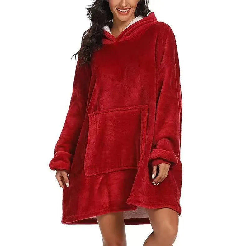 Wendbare Kapuzendecke aus Fleece, tragbar, mit Tasche, Oversized-Hausanzug, Loungewear, bequeme Hauskleidung | Sansoti
