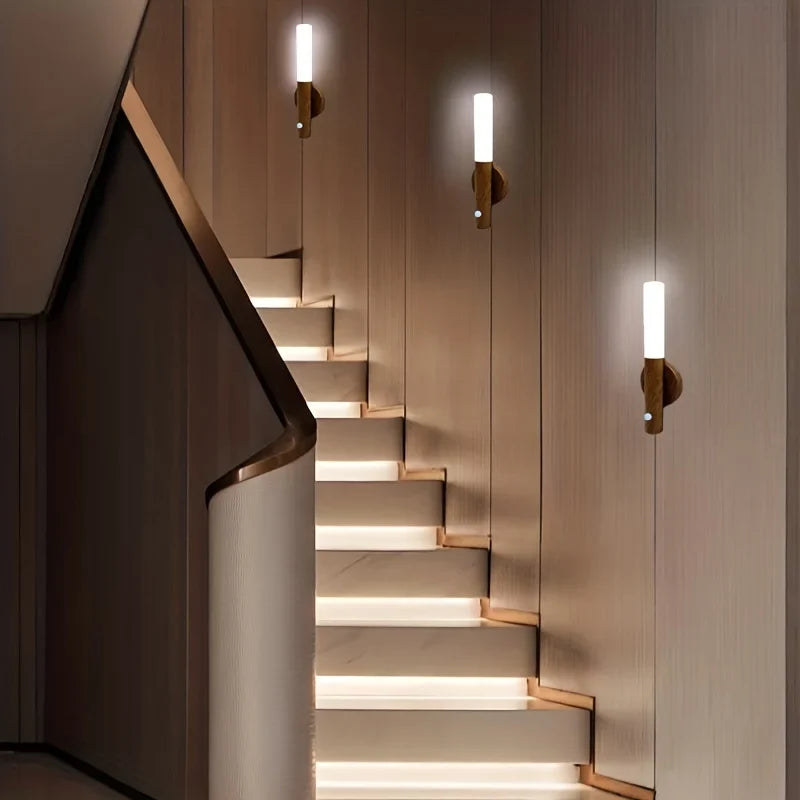 Bewegingssensor wandlamp LED oplaadbaar walnoot wit downlight slaapkamer gang badkamer modern verlichting | Sansoti