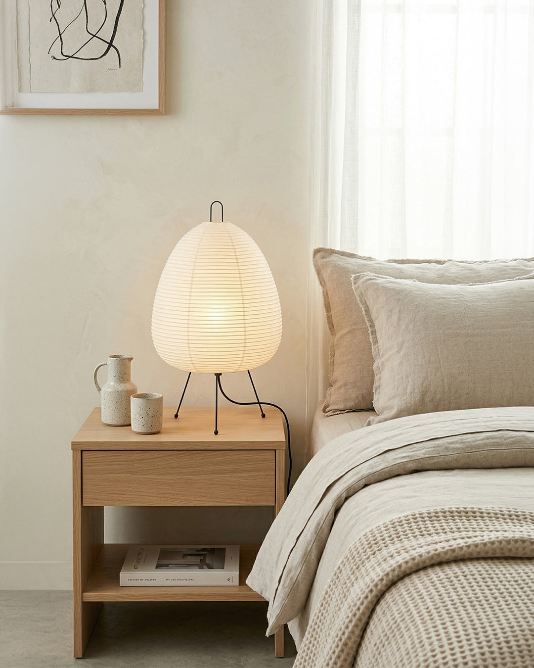 Japanse Tafellamp Sakura met Rijstpapier & Driepoot – Minimalistisch Design Warm Wit Licht – Ø28cm H48cm | Sansoti