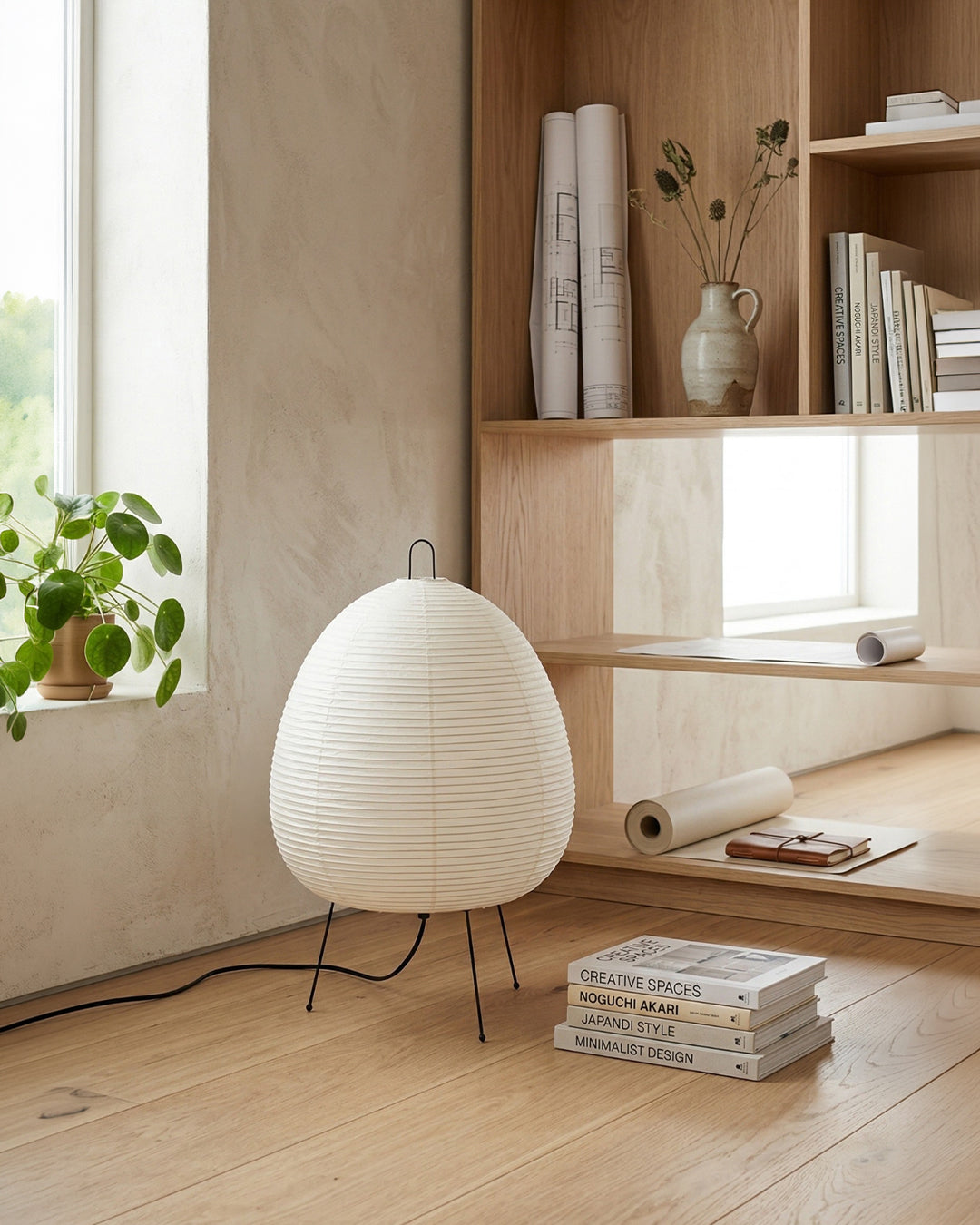 Japanse Tafellamp Sakura met Rijstpapier & Driepoot – Minimalistisch Design Warm Wit Licht – Ø28cm H48cm | Sansoti