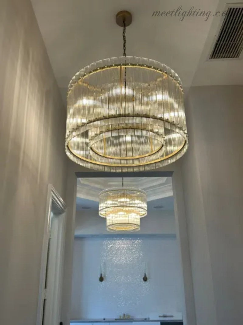 Lustre rond en cristal à plusieurs niveaux, verre et acier, 56-152 cm, éclairage luxueux pour salle à manger, foyer et salon | Sansoti