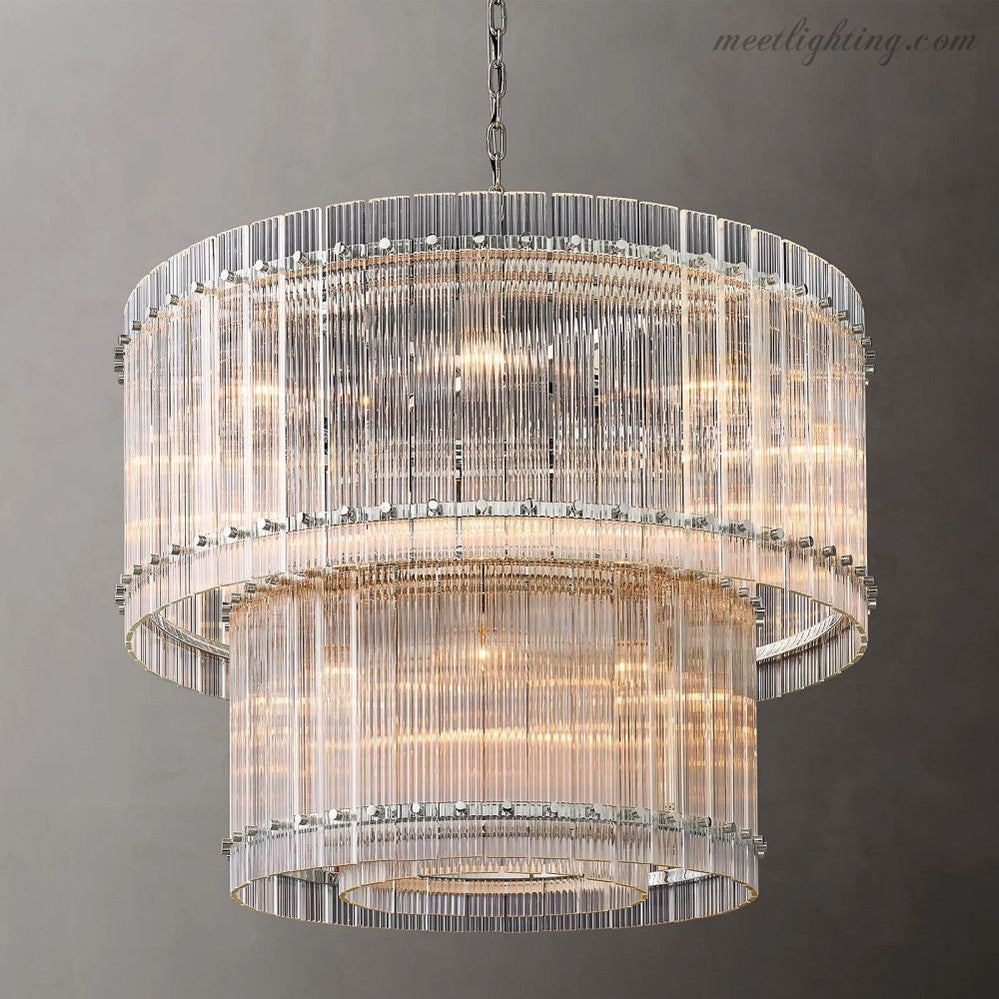 Lustre rond en cristal à plusieurs niveaux, verre et acier, 56-152 cm, éclairage luxueux pour salle à manger, foyer et salon | Sansoti