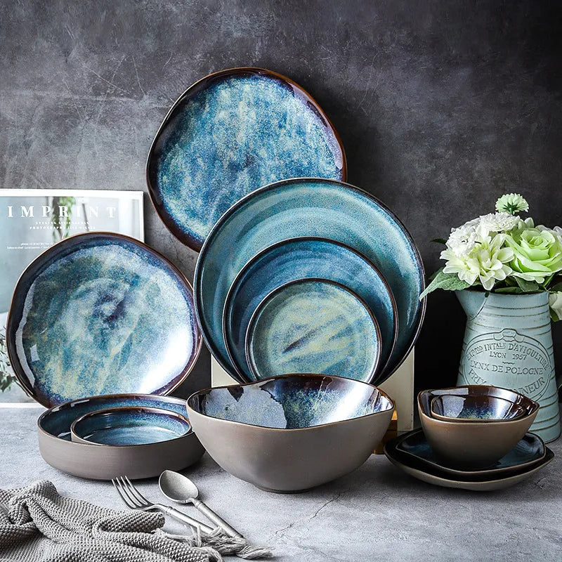 Serviesgoed Set 11-Delig Turquoise Geglazuurd Porselein Handgemaakt Rustiek Eetservies Borden Kommen Dinerborden Dessertborden | Sansoti