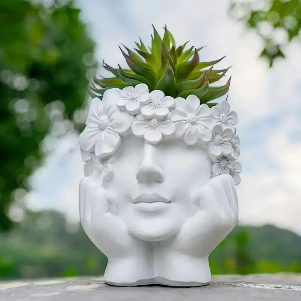 Bloempot Vrouwengezicht Hars Wit 15cm Decoratief Sculptuur Woonkamer Tuin Binnen Buiten Plantenpot Gezicht | Sansoti