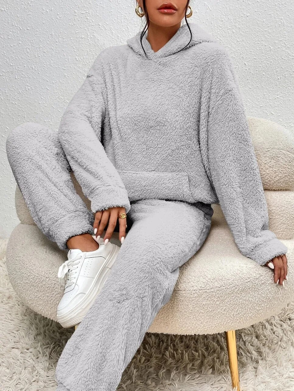 Teddy-Loungewear-Set mit Kapuze für Damen, Grau, Beige, Grün, Winteranzug aus Fleece, zweiteiliger weicher Hausanzug mit Hose | Sansoti