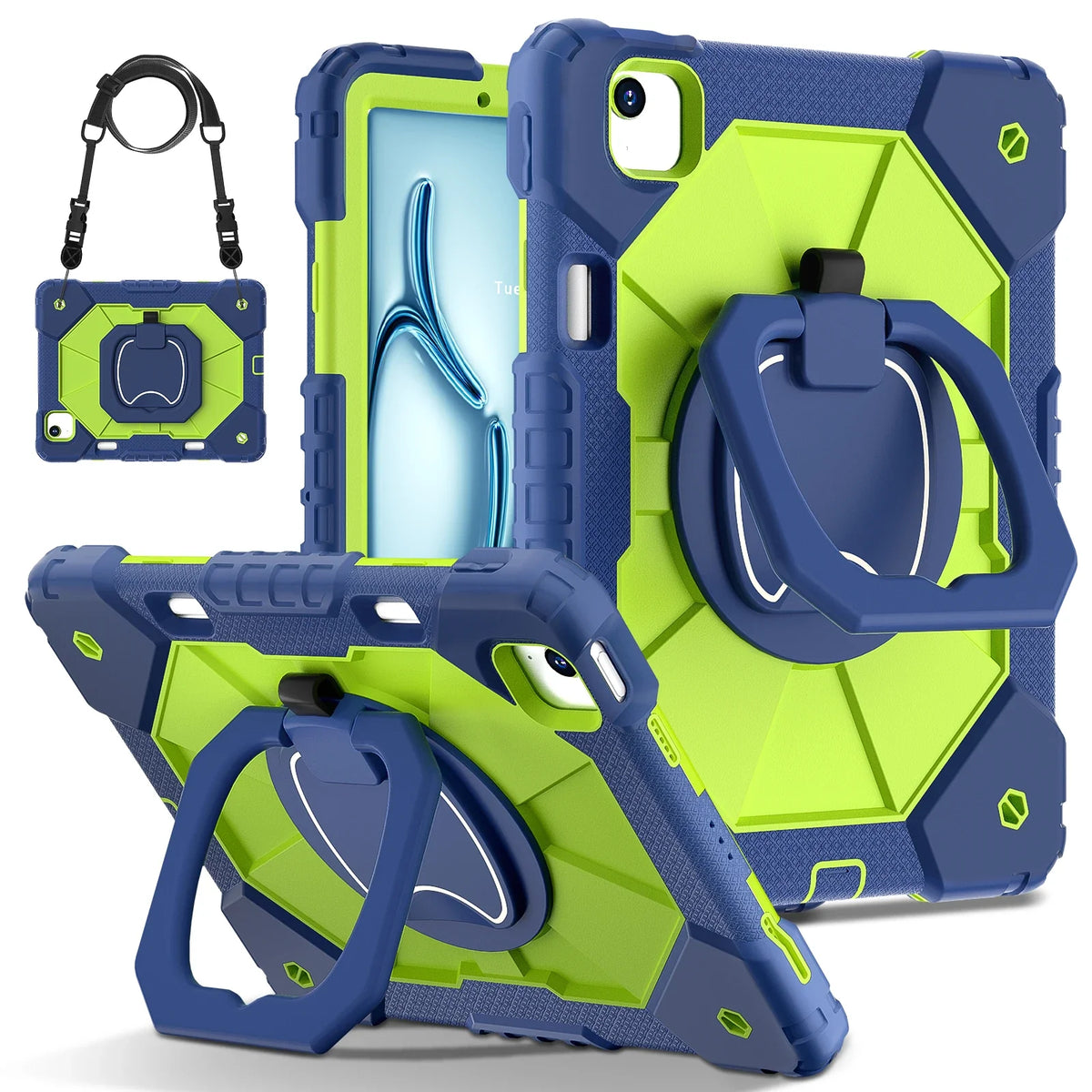 Rugged iPad Case with Ring Grip Three-Layer Protection Kickstand Shoulder Strap Screen Protector Black Orange | Sansoti