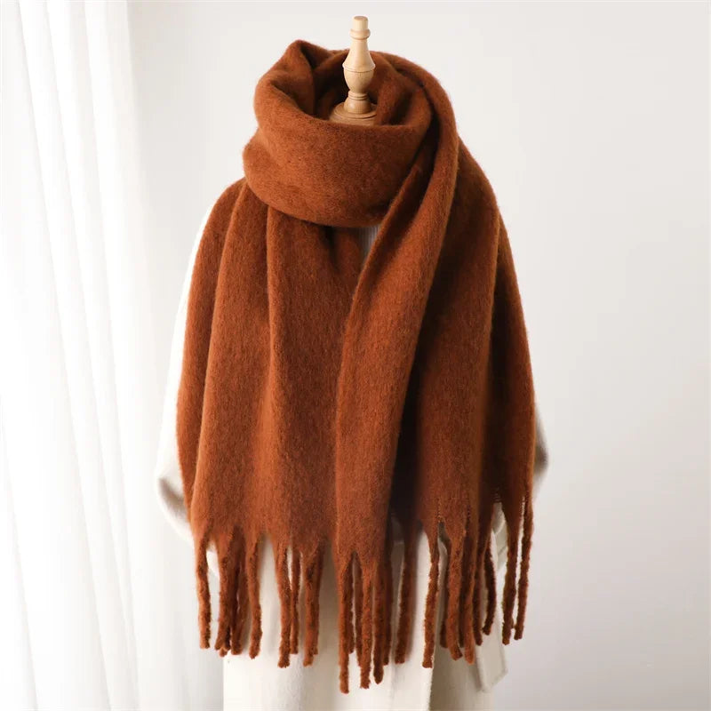 Warm Women's Winter Scarf 240x38cm Thick Wool-Look Shawl with Fringes Soft Knitted Scarf for Cold Weather | Sansoti