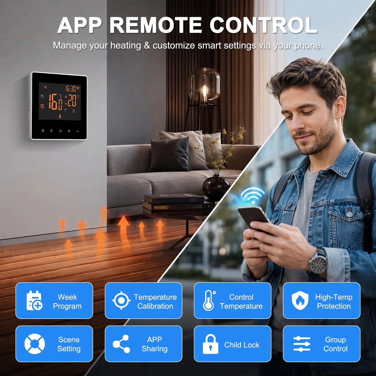 Thermostat WiFi intelligent 16 A pour chauffage au sol avec écran tactile, régulateur de température, commande par application et affichage numérique | Sansoti