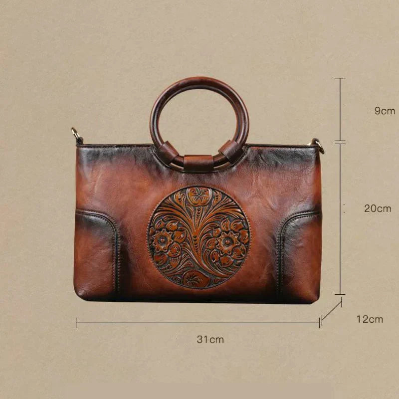 Handgemaakte Leren Damestas met Vintage Reliëfpatroon Schoudertas Elegante Dagtas Retro Design Stijlvol | Sansoti