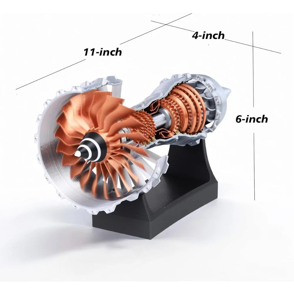 Detailed turbofan jet engine model 3D-printed on a black stand, aviation gift display for the office | Sansoti