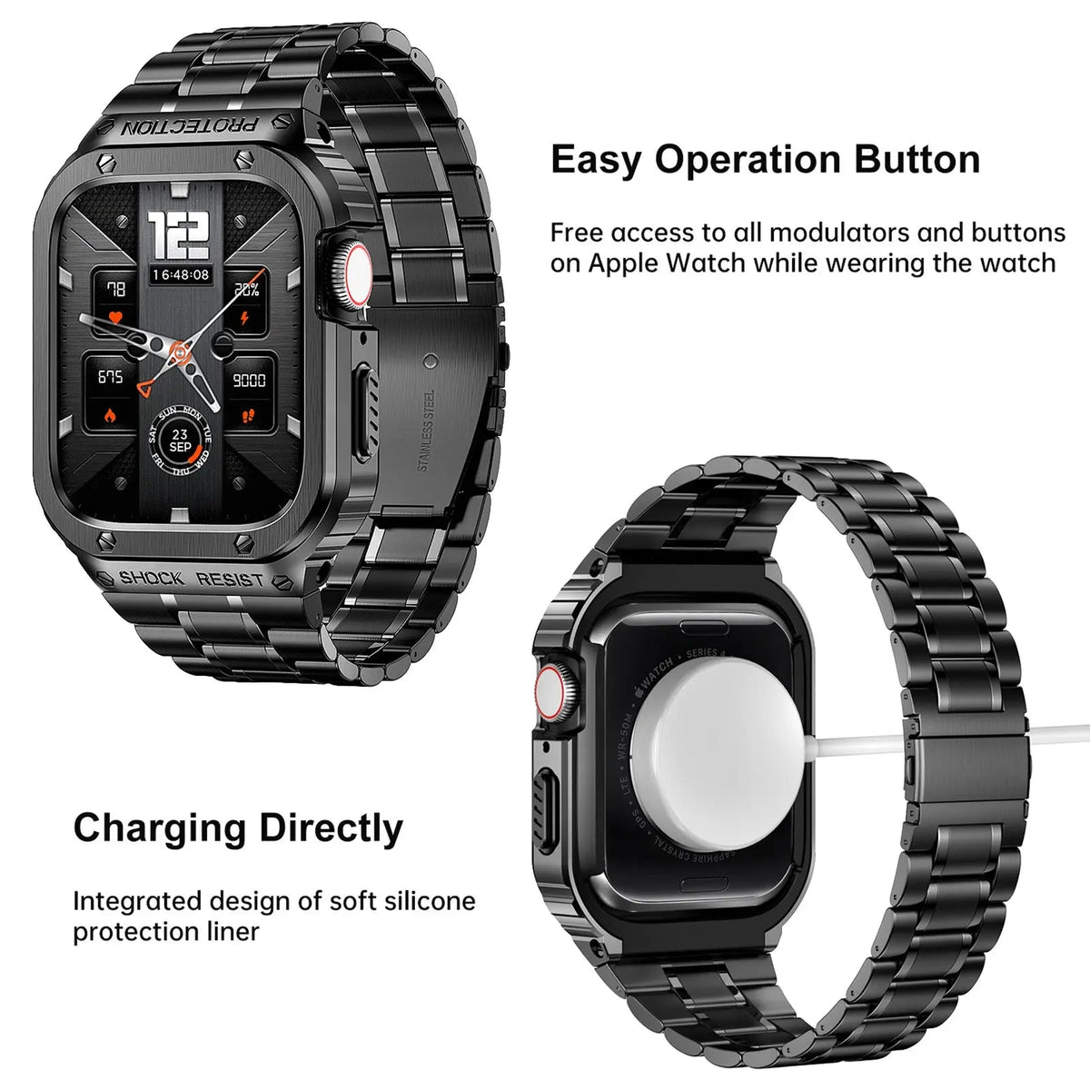 Edelstahl-Uhrenarmband mit Schutzhülle, 45 mm, 44 mm, Smartwatch-Zubehör, Schwarz, Silber, Gold, stilvoll | Sansoti