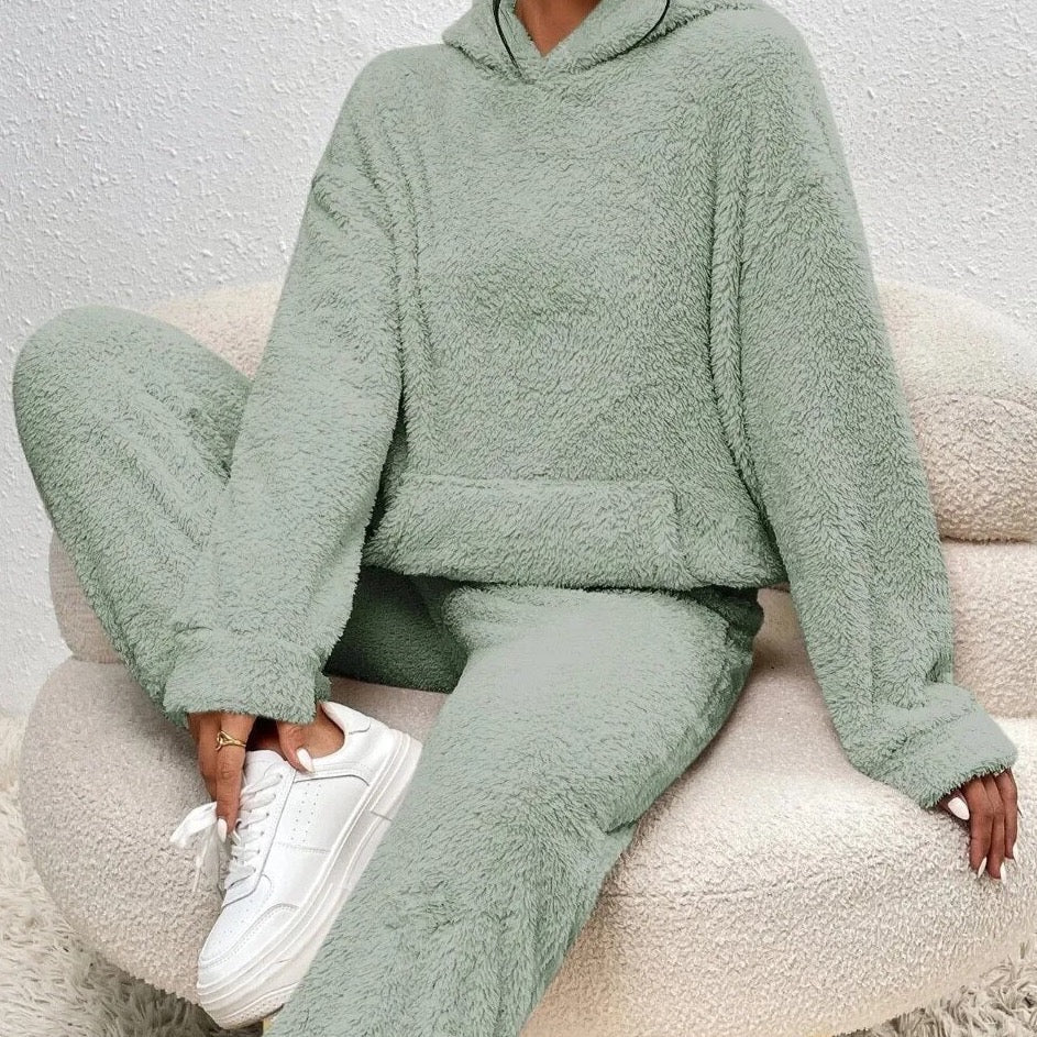 Teddy-Loungewear-Set mit Kapuze für Damen, Grau, Beige, Grün, Winteranzug aus Fleece, zweiteiliger weicher Hausanzug mit Hose | Sansoti