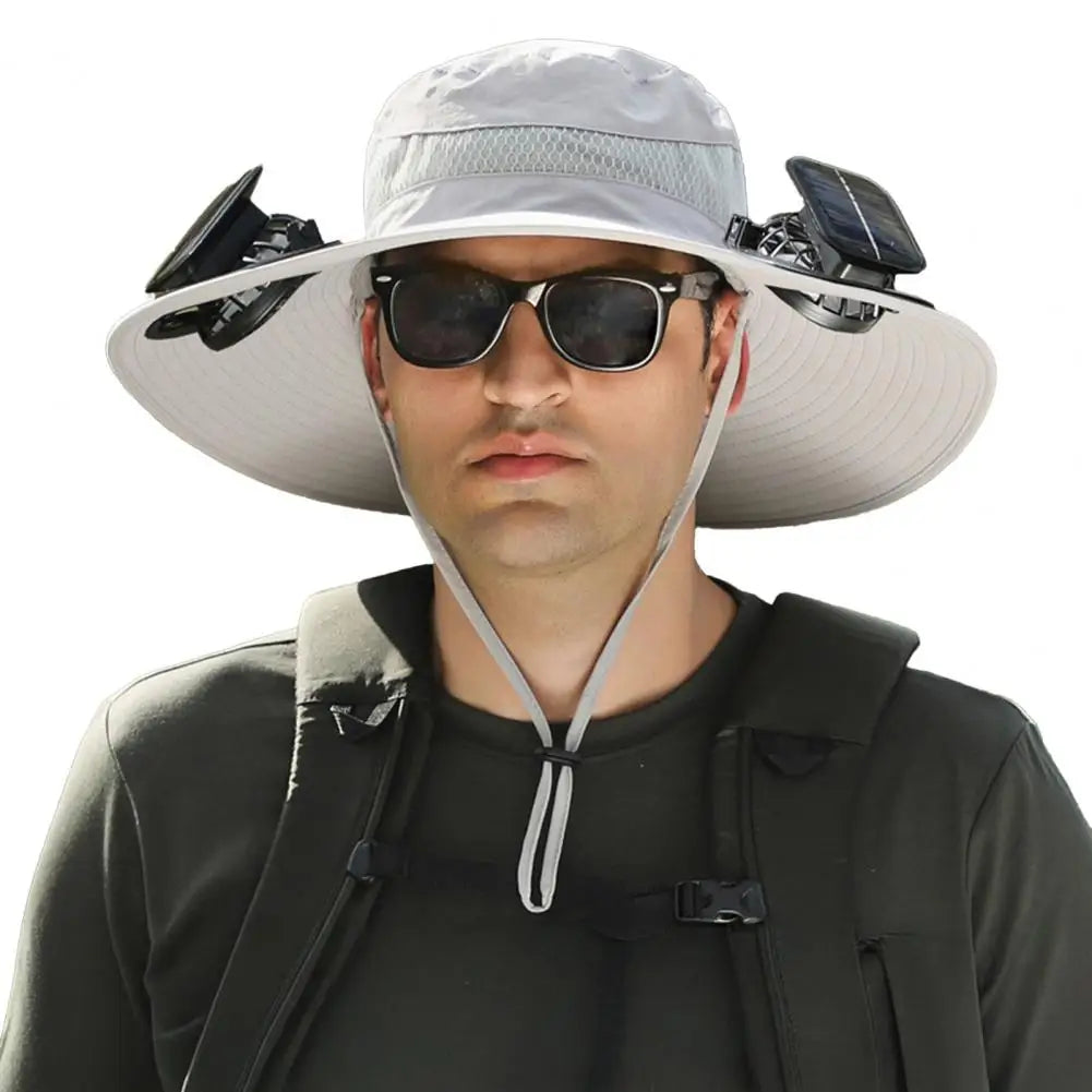 Sonnenhut mit Solarpanel und Ventilator, breite Krempe, UPF 50 UV-Schutz zum Wandern, Angeln, für den Garten und Camping im Freien | Sansoti