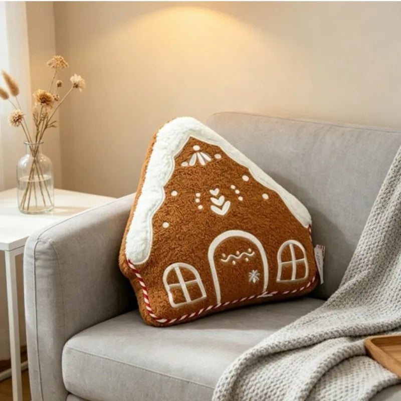 Peperkoekhuisje Sierkussen 32cm Fleece Kerst Decoratiekussen Geborduurd Huisvormig Woonkamer Sofa Feestelijk | Sansoti