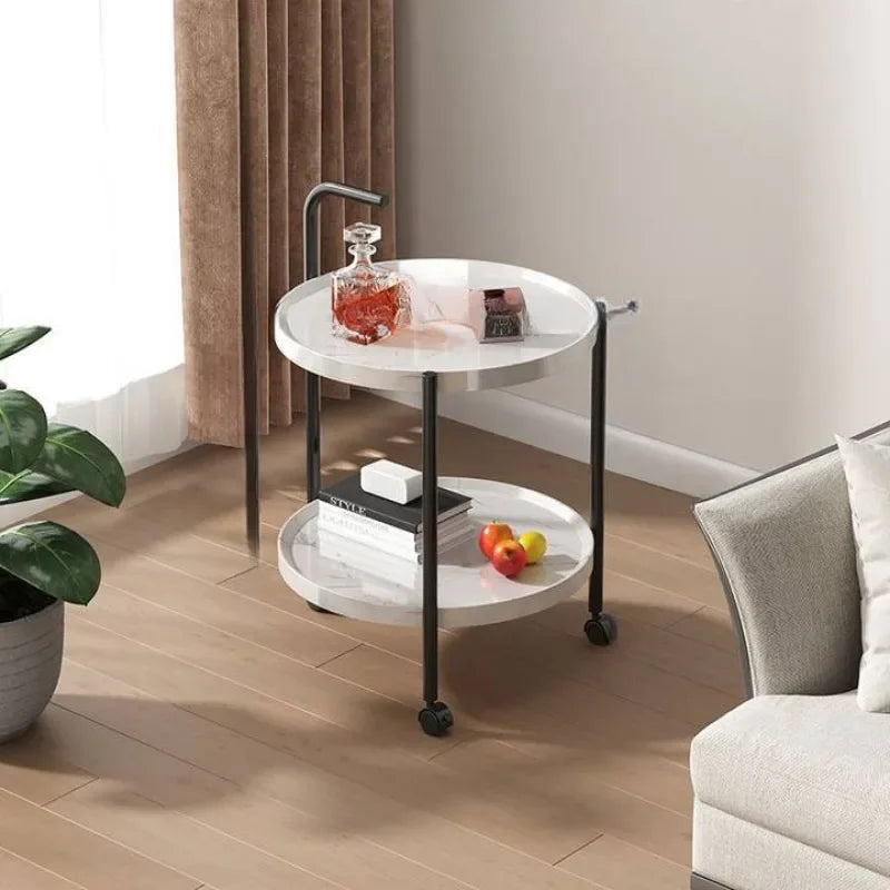 Rollbarer Beistelltisch aus Holz mit zwei Ebenen, rund, 40 cm, für Wohnzimmer und Schlafzimmer, mit Rollen, kompaktes Design, zum Servieren und Aufbewahren | Sansoti