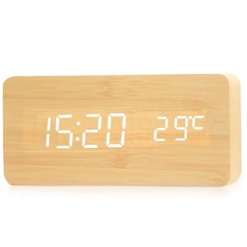 Réveil Digital Aspect Bois LED Bambou Noir Marron Température USB Chambre Bureau 3 Alarmes Luminosité Réglable 12/24h Horloge de Table | Restfield