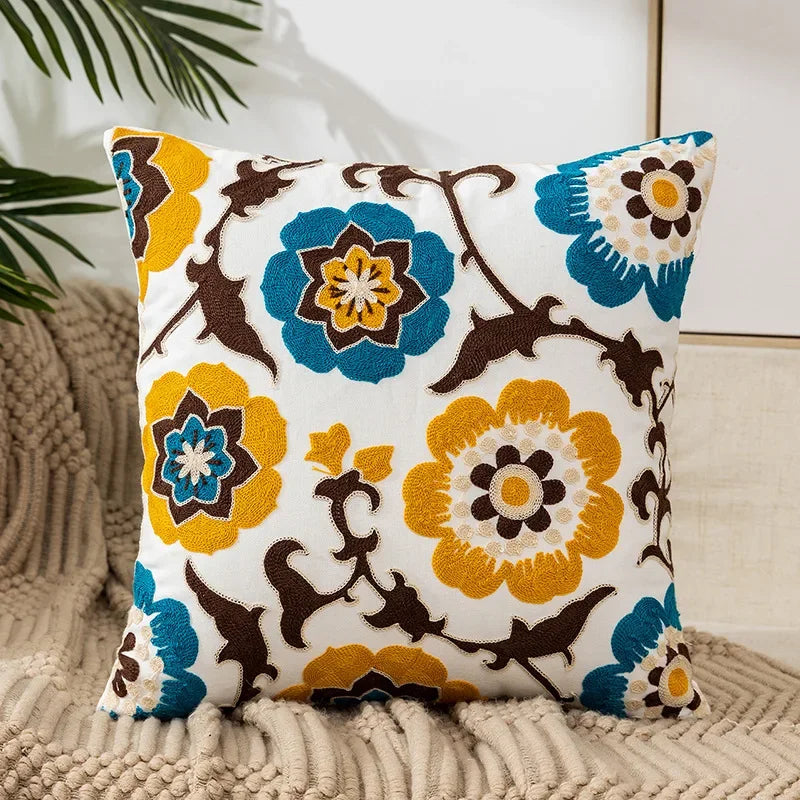 Kussenhoes 45x45cm Katoen Canvas Geborduurd Bloemen Wit Sierkussenhoes Bank Slaapkamer Landelijke Stijl Decoratief | Sansoti