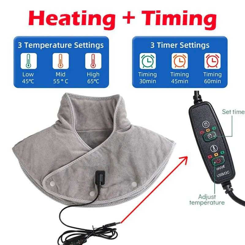 Verwarmde Nek- en Schoudermassager met Vibratie USB Warmtekussen Draagbaar Ergonomisch Plüche 3 Temperatuurstanden Timer Grijs voor Thuis Kantoor | Sansoti