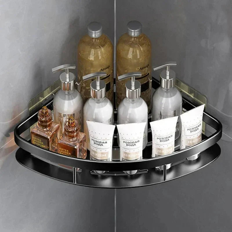 Aluminium Hoekplank voor Douche en Badkamer zonder Boren met Sterke Kleefpad Zwart Zilver | Sansoti