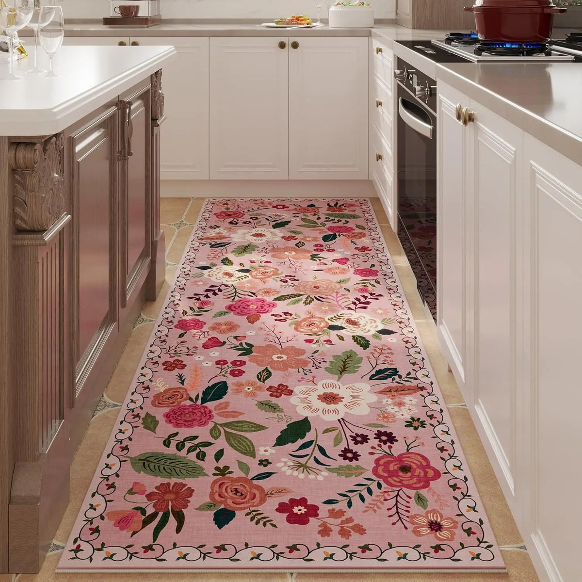 Tapis de couloir antidérapant à motif floral, en polyester, lavable, avec dessous en caoutchouc, pour couloir, cuisine, entrée et salon, décoratif | Sansoti