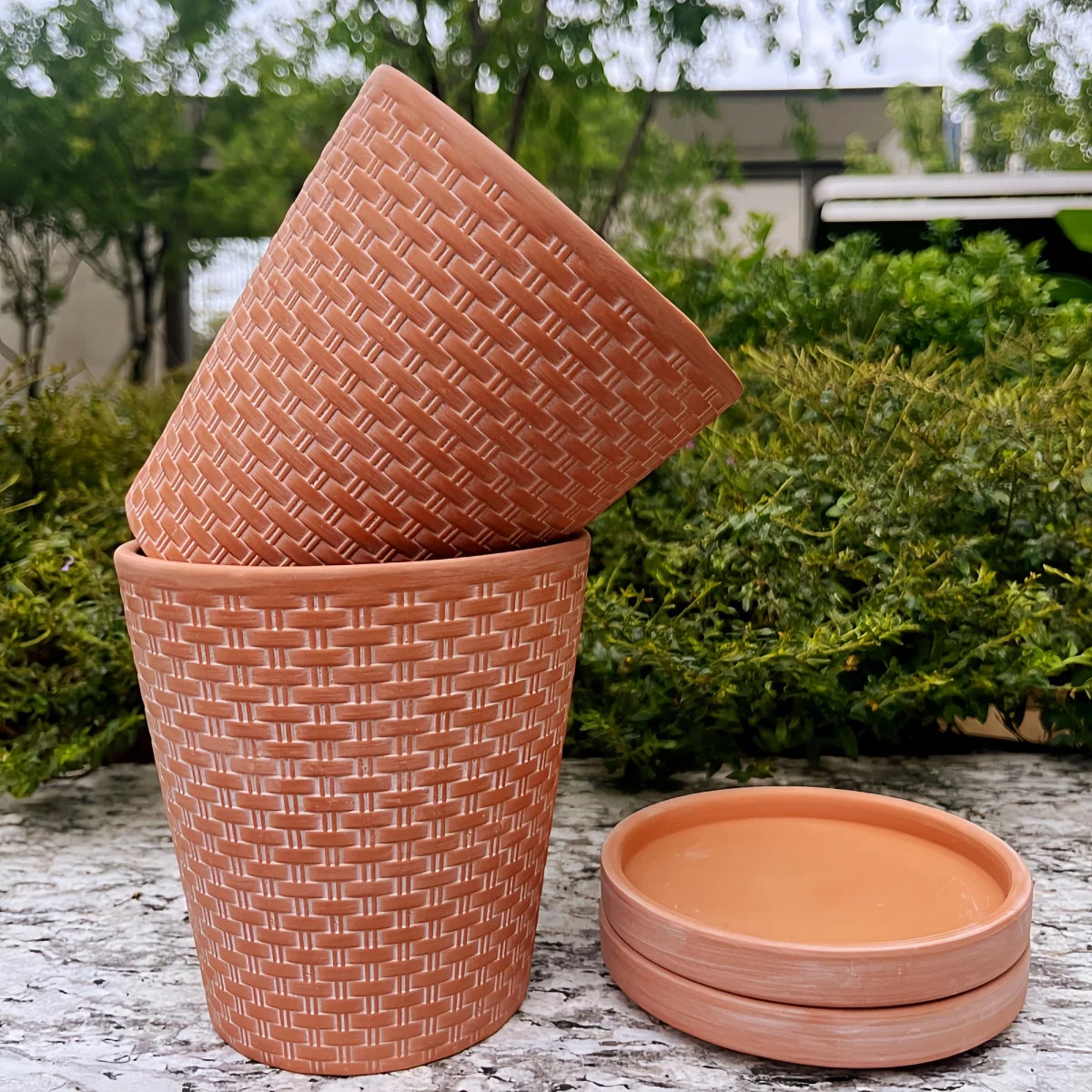 Set aus Keramik-Pflanzentöpfen, 13 cm, mit Untersetzer - 2 Stück, Terrakotta, mit Drainageloch für Kräuter im Innenbereich | Sansoti