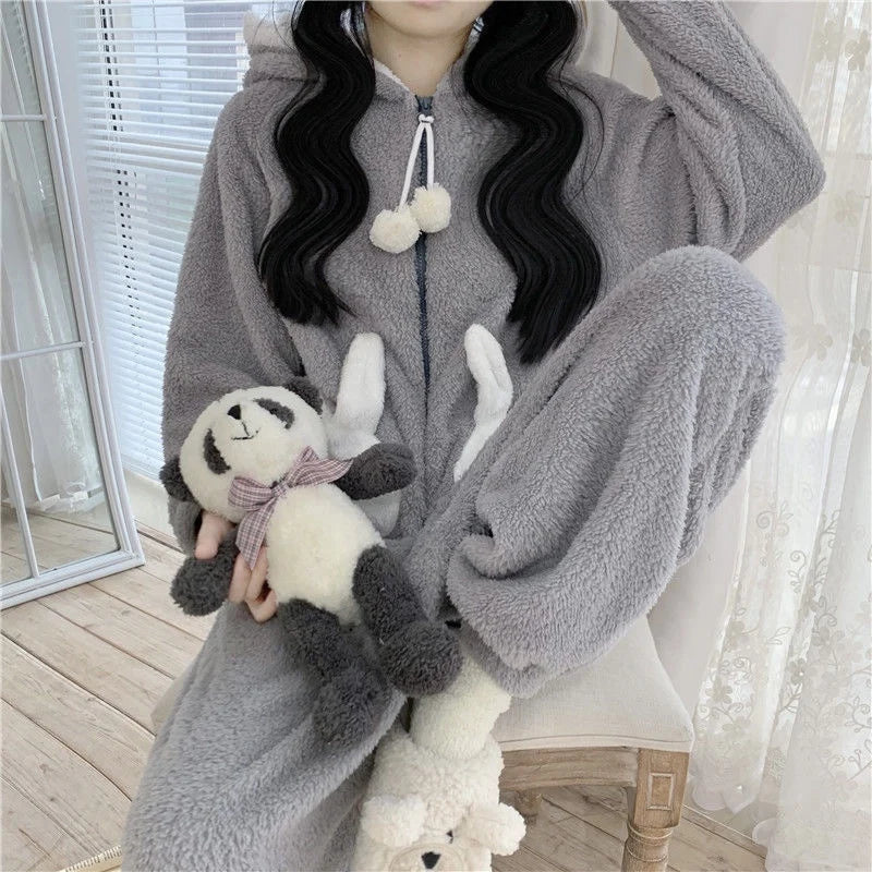 Combinaison-pyjama avec capuche et oreilles en velours chaud, vêtements d'intérieur pour femmes et hommes, tenue de nuit d'hiver et vêtements de détente | Sansoti
