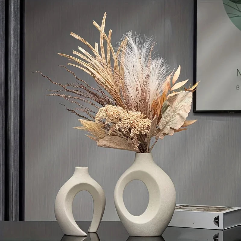 Keramische Vaas Set 2 Stuks Wit Boho Modern Woonkamer Decoratie Droogbloemen Minimalistisch Interieur | Sansoti