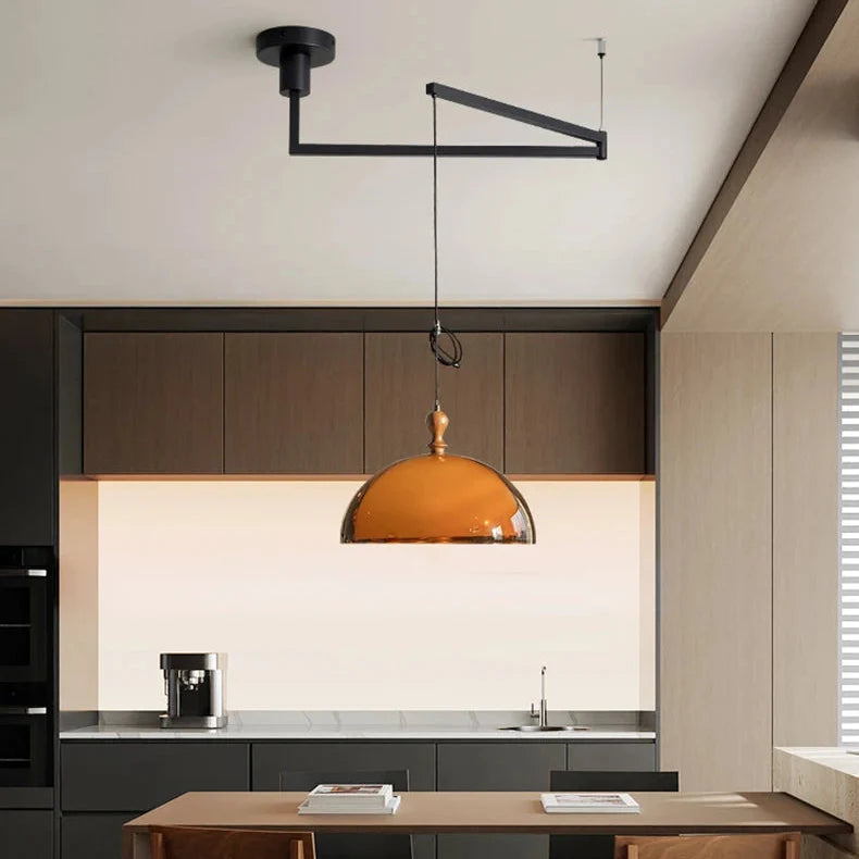 Draaibare Hanglamp met Koepelkap Acryl Hout 350° Zwenkarm 35cm Diameter Verstelbaar Snoer Plafondlamp | Sansoti