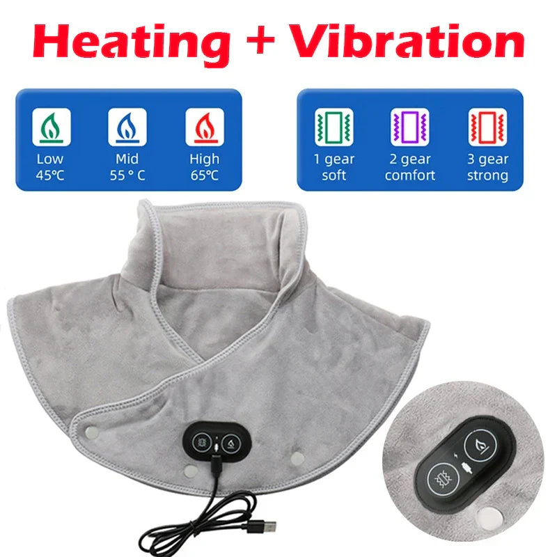 Verwarmde Nek- en Schoudermassager met Vibratie USB Warmtekussen Draagbaar Ergonomisch Plüche 3 Temperatuurstanden Timer Grijs voor Thuis Kantoor | Sansoti