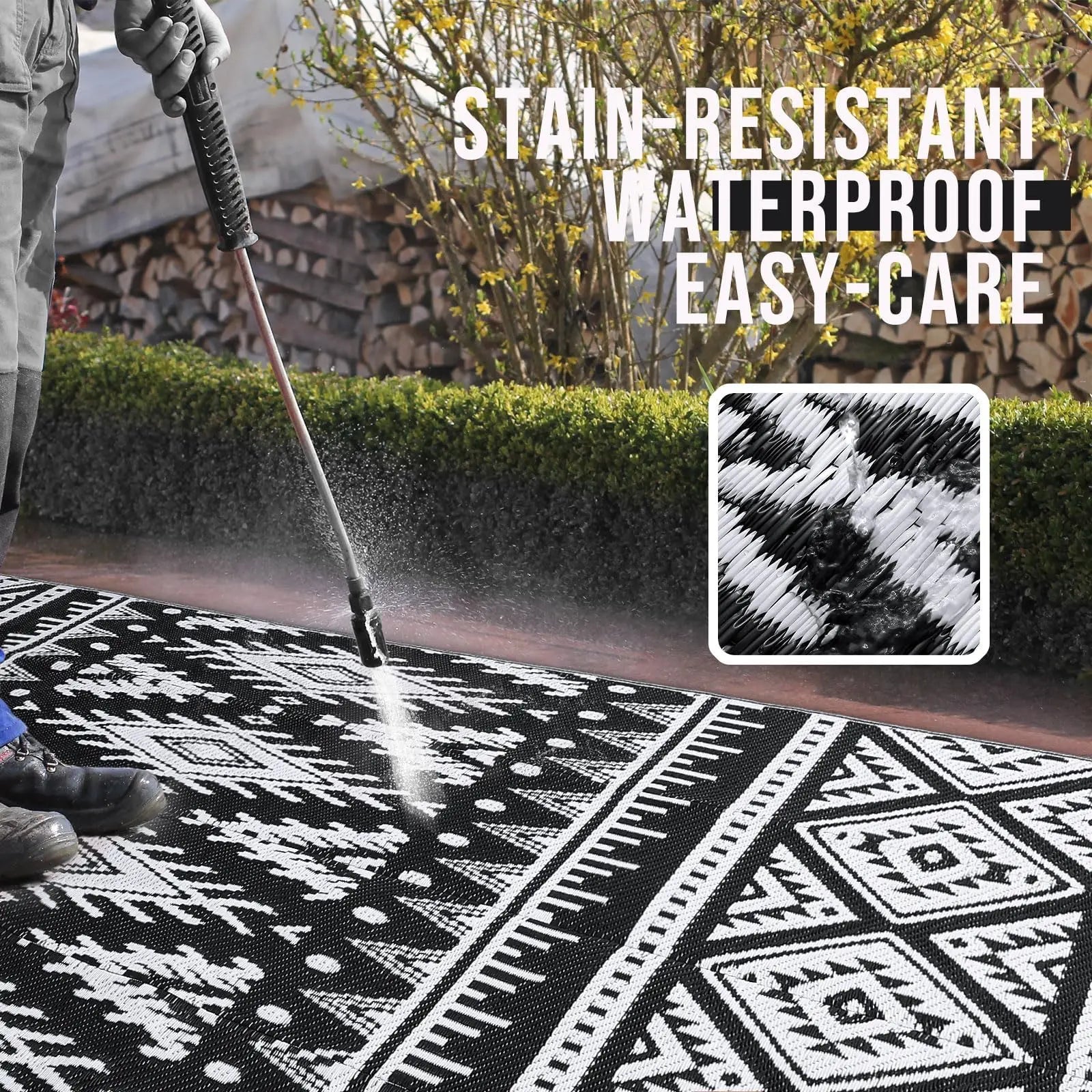 Buitenkleed Gevlochten Plastic Zwart Wit Bohemian Omkeerbaar Terrakleed Campingmat Tuinkleed | Sansoti