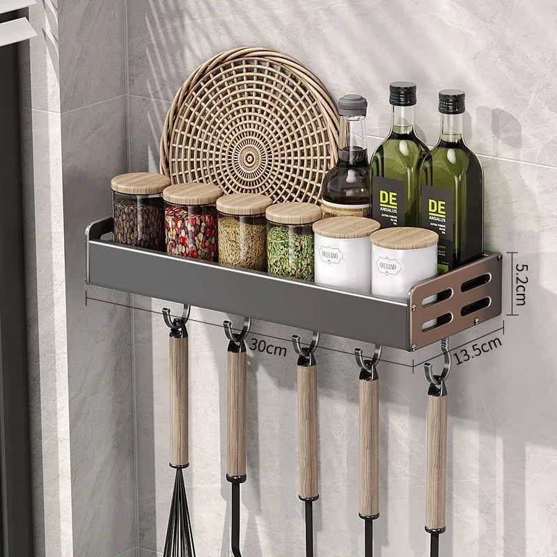 Étagère Murale Cuisine Aluminium 30-50cm Gunmetal Porte-épices Sans Perçage Support Suspendu Organisateur Cuisine Porte-Couteaux Montage Mural | Restfield