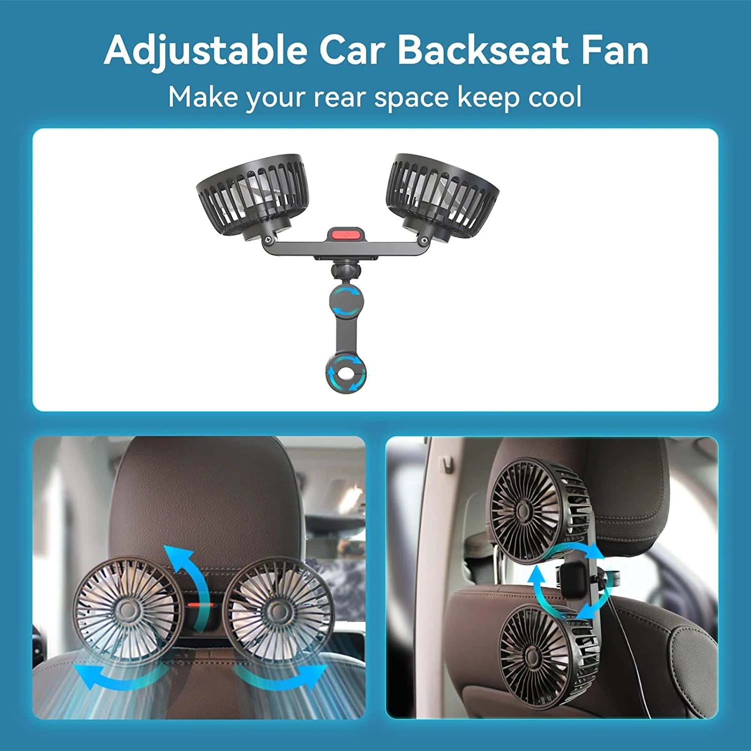 Draagbare Autoventilator met Dubbele Kop 360° Verstelbaar USB Oplaadbaar 3 Snelheden Hoofdsteun Nekkoeler voor Auto Huis Camper | Sansoti
