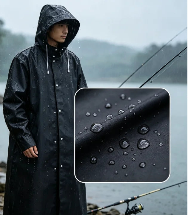 Extra Long Waterproof Raincoat Unisex Black with Hood for Outdoor Hiking Fishing Cycling Camping | Sansoti