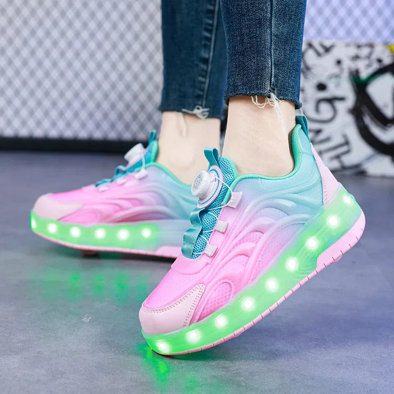 LED rolschaats schoenen USB oplaadbaar roze blauw kindersneakers met wielen lichtgevende skates voor buiten jongens meisjes | Sansoti