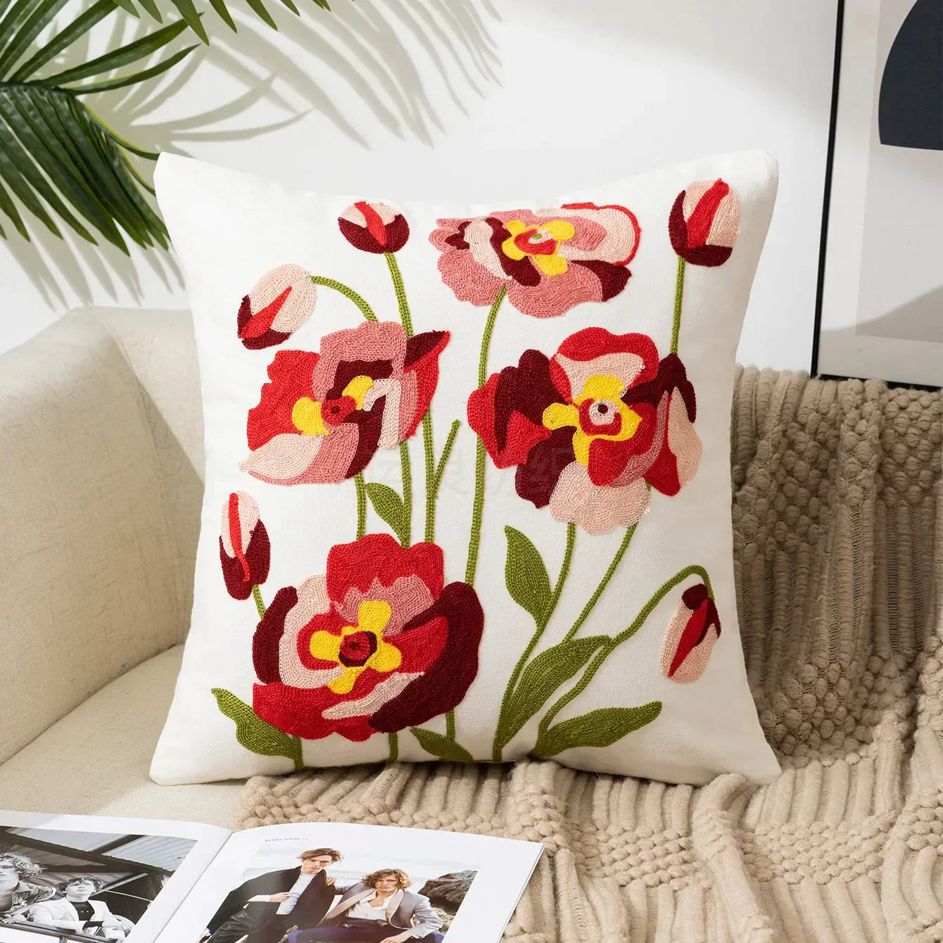 Kussenhoes 45x45cm Katoen Canvas Geborduurd Bloemen Wit Sierkussenhoes Bank Slaapkamer Landelijke Stijl Decoratief | Sansoti