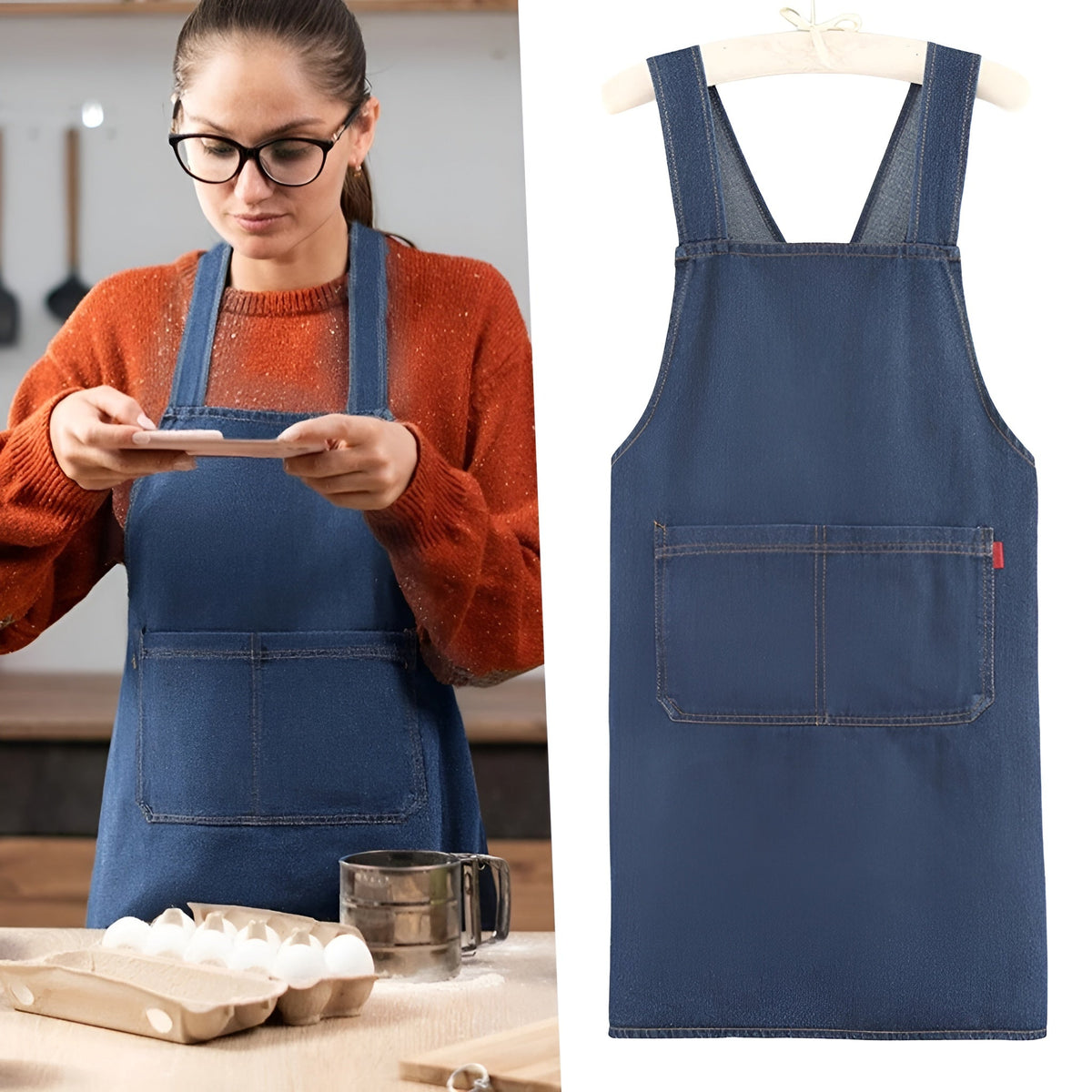 Küchenschürze aus Polyester mit gekreuzten Trägern im Denim-Stil, Blau mit Herzen, Streifen, Vordertaschen, zum Kochen und Backen, Unisex-Schürze | Sansoti