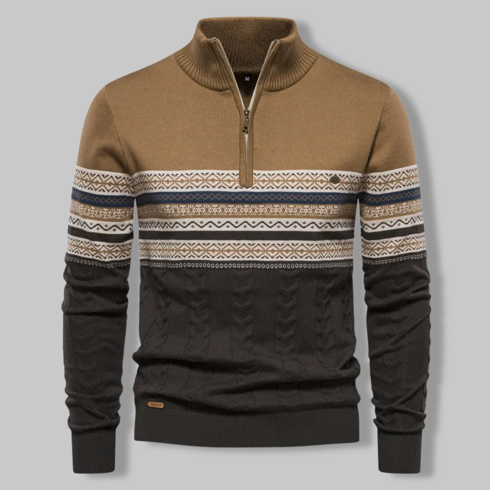 Herren-Zopfpullover mit Viertelreißverschluss, Alpenweiß, Dunkelblau, Bordeauxrot, Fair-Isle-Strickmuster, Wolle, warm, Winterkomfort | Sansoti