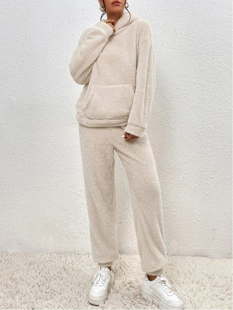 Teddy-Loungewear-Set mit Kapuze für Damen, Grau, Beige, Grün, Winteranzug aus Fleece, zweiteiliger weicher Hausanzug mit Hose | Sansoti