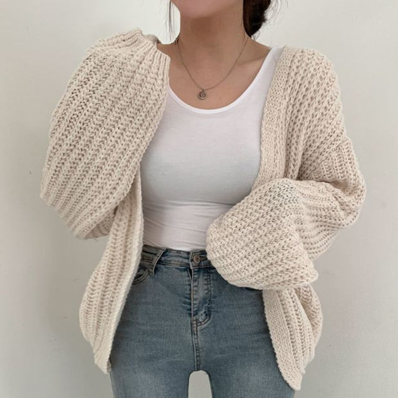 Grofgebreid Oversized Vest met Ballonmouwen Kabelpatroon Dames Open Cardigan Universele Maat Gebreid | Sansoti