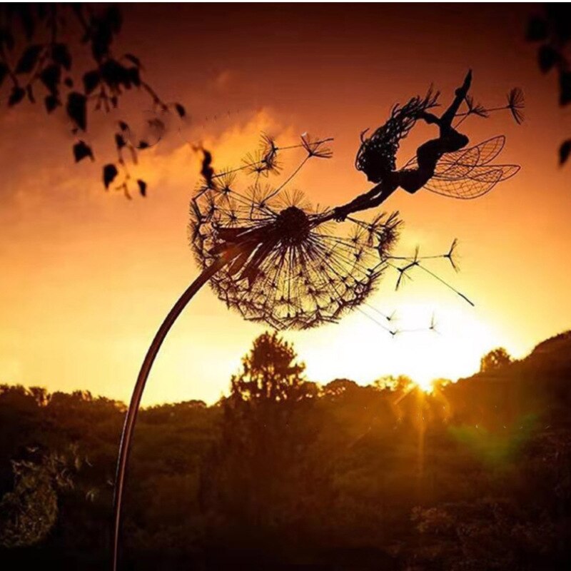 Metalen Tuinornament Fee met Paardenbloem 75cm Zwart Silhouet Gazon Decoratie Tuinsteker Miniatuur Tuin | Sansoti