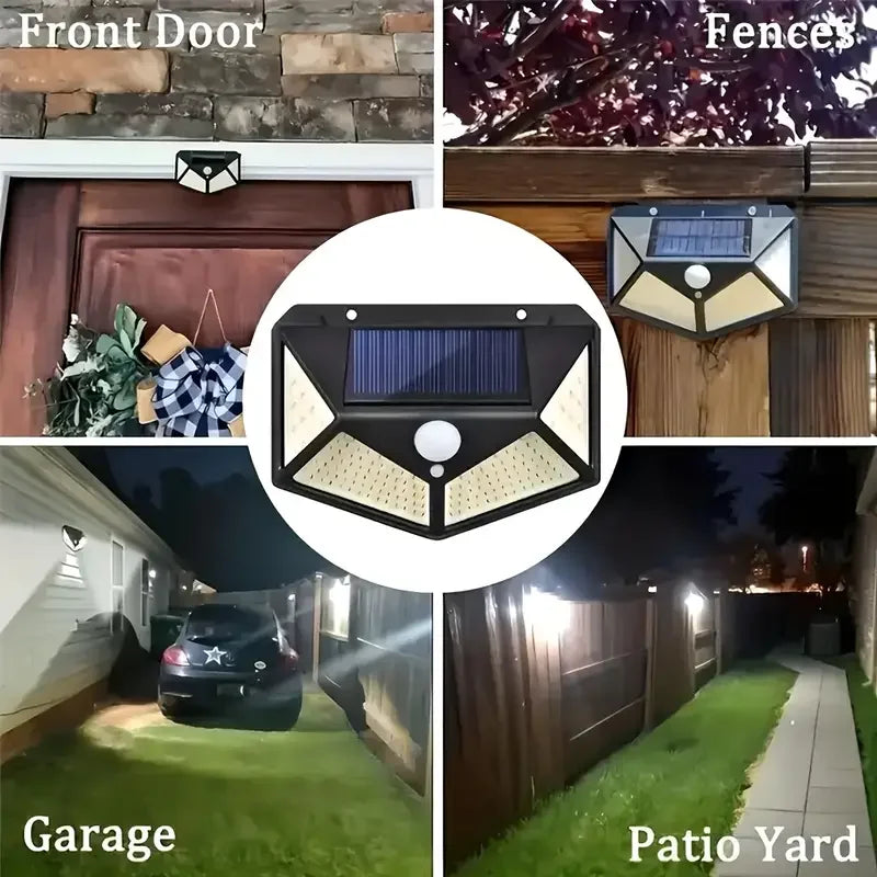 Applique murale extérieure à énergie solaire, 100 LED, détecteur de mouvement, étanche IP65, noire, éclairage de sécurité pour jardin | Sansoti