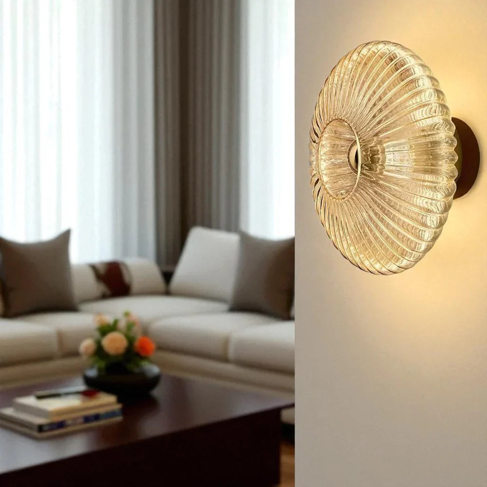Ronde Glazen Wandlamp Geribbeld Schelp Design Goud Amber Woonkamer | Sansoti